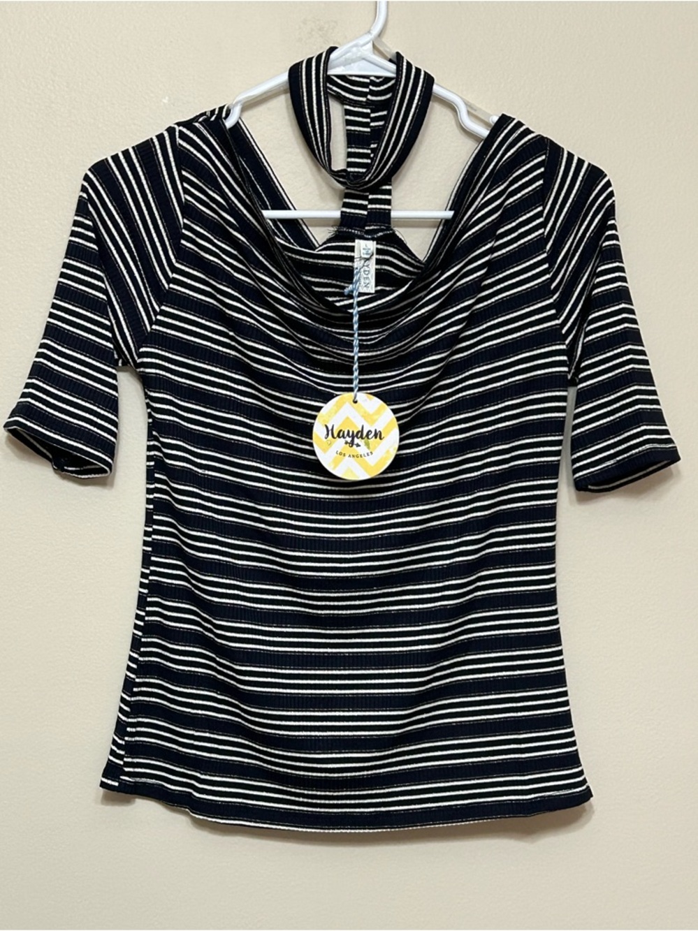 Hayden Black & White Striped Cowl Neck Top Size Large NWT